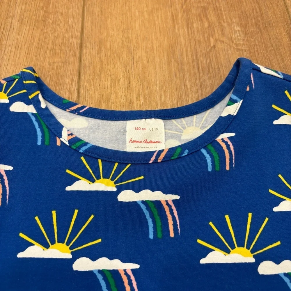 🌟HANNA ANDERSSON🌟 GIRLS SLEEVELESS SUN RAINBOW PRINT SWING KNIT DRESS BLUE 10